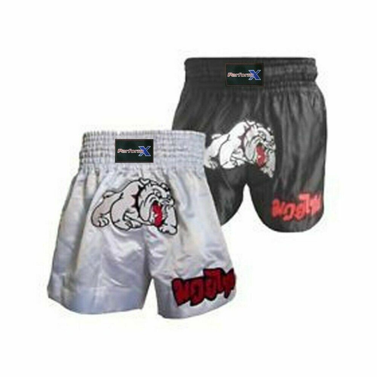 (White, M) MUAY THAI BOXING SHORTS BULLDOG MMA KICK FIGHT SHORT BOXING ADULT KIDS ALL SIZES