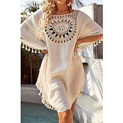 Women's Swimwear Cover Up Beach Dress Normal Swimsuit UV Protection Tassel Printing Hole Pure Color Black Beige White Scoop Neck Bathing Suits New Vacation Daily Lightinthebox