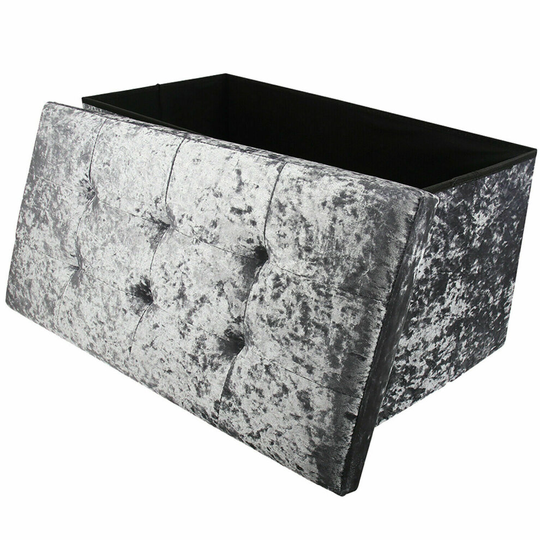 (Grey) Large 2 Seater Crushed Velvet Foldable Ottoman Storage Box Double Bed Foot Stool
