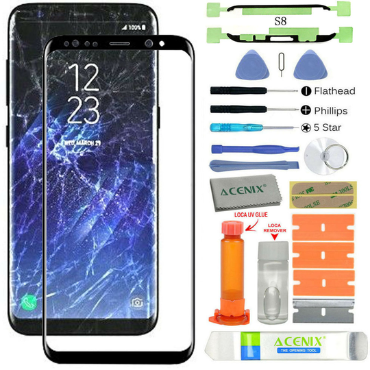 Samsung Galaxy S8 Replacement Screen Front Glass lens Repair Kit Black + UV Glue