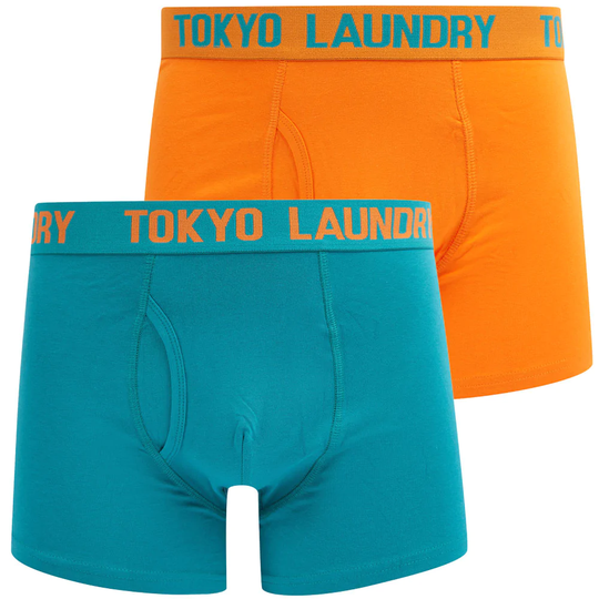 Mens Underwear Samwell (2 Pack) Boxer Shorts Set in River Green / Golden Poppy Orange - Tokyo Laundry / S - Tokyo Laundry
