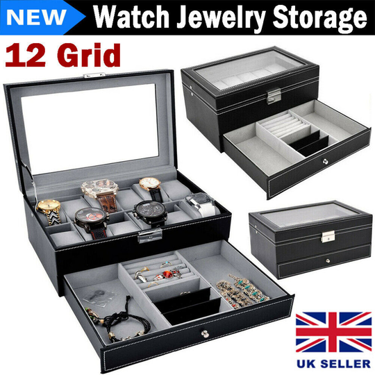 12 Grids Mens Watch Case Jewelry PU Leather Storage Holder Box Display