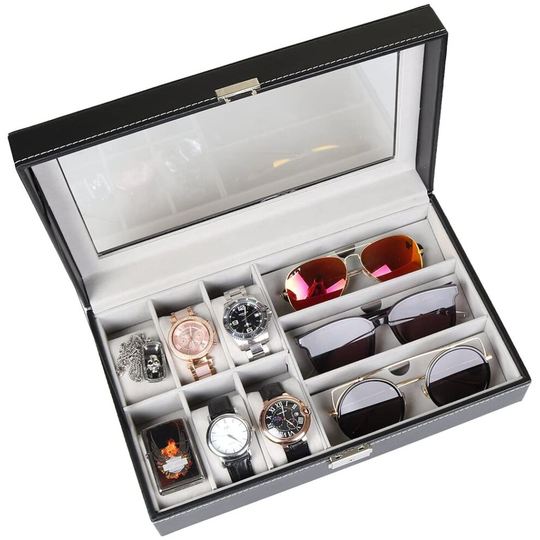 Watch Box Sunglasses Organizer 6+3 Grids Display Glass PU Leather