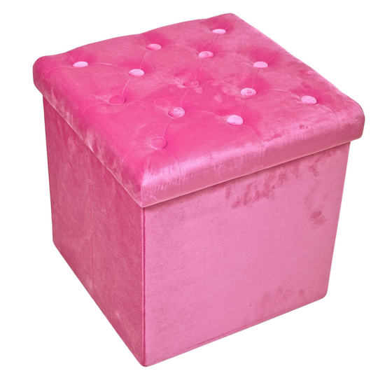 Pink Velvet Folding Storage Box Cushioned Foot Stool Ottoman Pouffe Button Seat