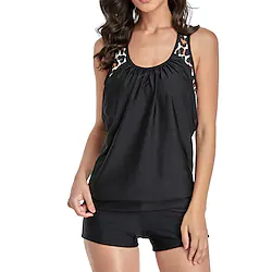 Women's Swimwear Tankini 2 Piece Plus Size Swimsuit Open Back Printing for Big Busts Leopard Green Black Camisole Scoop Neck Bathing Suits New Vacation Fashion / Modern / Padded Bras Lightinthebox