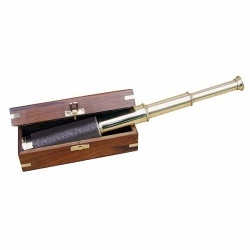 Sea-club Telescope brass with leather handle in wooden box