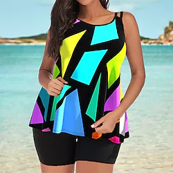 Women's Swimwear Tankini 2 Piece Plus Size Swimsuit 2 Piece Open Back Printing for Big Busts Geometic Blue Padded Scoop Neck Bathing Suits New Casual Vacation / Modern / Padded Bras Lightinthebox