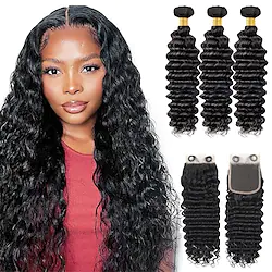Deep Wave (10 12 1410) Bundles with Closure Human Hair 3 Bundles Human Hair with 4x4 Free Part and Frontal with Baby Hair HD Lace Closure Black Weave Brazilian Virgin Curly Hair Bundles 100% Unproces Lightinthebox