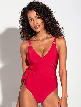 Pour Moi Samoa Wrap Over Control Swimsuit - Red