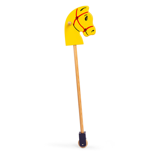 Bigjigs Toys Yellow Wooden Hobby Horse with Easy Grip Handles & Wheels - Traditional Ride On Horse , 85cm Tall Horse on a Stick , Quality Horse Toys