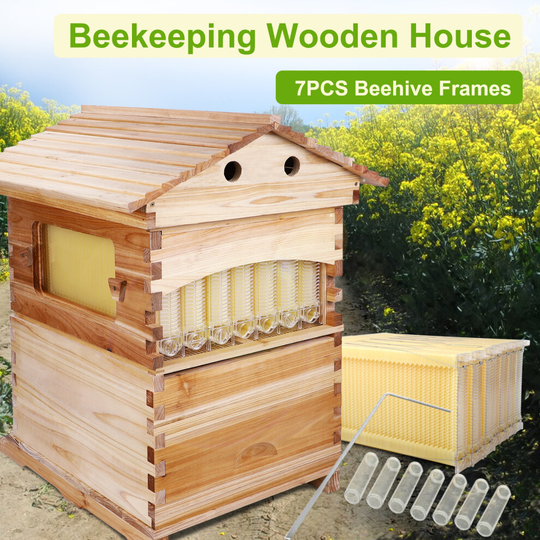Auto Flow Beehive Boxes Bee House Wooden Bee Hive w/ 7 Pcs Automatic Frames
