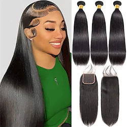 10A Straight Bundles with Closure Human Hair (10 12 1410) Brazilian Straight Human Hair Bundles with Closure 100% Unprocessed Remy Virgin Hair Weave Bundles with Lace Closure 4x4 Free Part Natural Co Lightinthebox