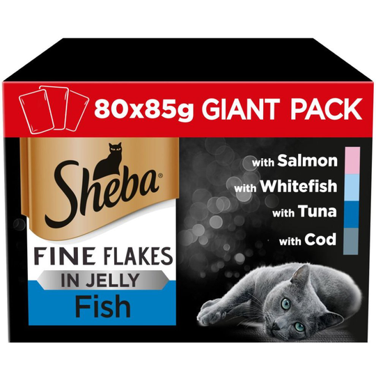 80pk Sheba Fine Flakes in Jelly - Fish | Wet Cat Food - 80 x 85g Pouches