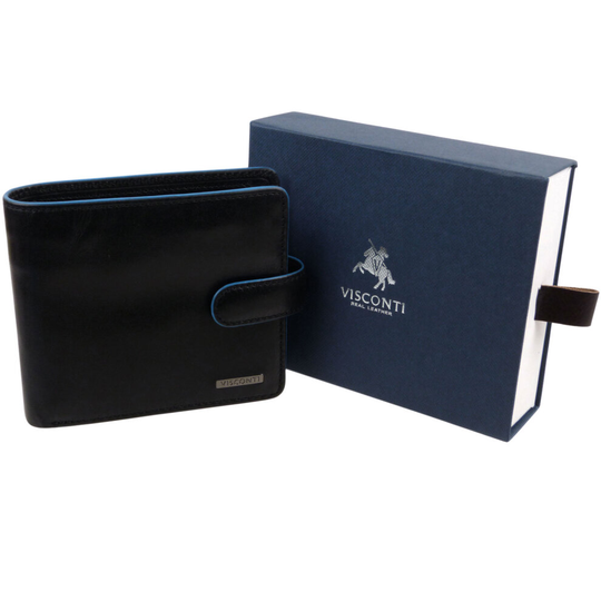 Mens Quality Black Italian Leather Stylish RFID Protected Tabbed Wallet by Visconti ALPS Gift Box