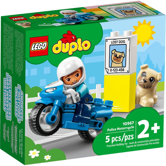 LEGO 10967 DUPLO Town Rescue Police Motorcycle Toy for Toddlers 2 Plus Years Old, with Police Officer and Dog Figure, Fine Motor Skills Development