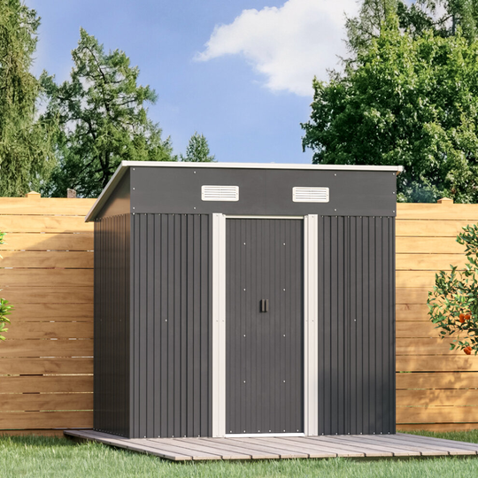 (Charcoal Black, 4'x6'ft) Metal Garden Shed Flat Roof Outdoor Storage House Tool Box + Steel Base