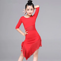 Latin Dance Kids' Dancewear Dress Tassel Solid Girls' Training Performance Half Sleeve Polyester Lightinthebox