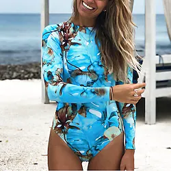 Women's Rash Guard One Piece Swimsuit UV Sun Protection UPF50 Breathable Long Sleeve Bodysuit Bathing Suit Knotted Swimming Surfing Beach Water Sports Floral Autumn / Fall Spring Summer / Stretchy Lightinthebox