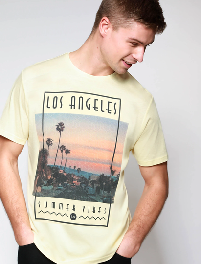 T-Shirts LA Summer Vibes Motif Cotton Jersey T-Shirt in Pastel Yellow - South Shore / S - Tokyo Laundry