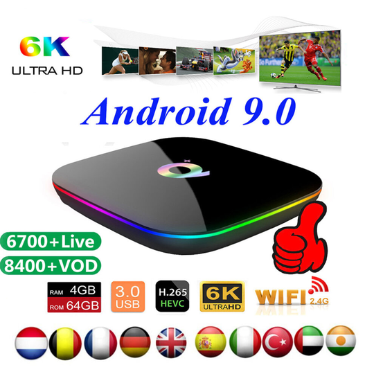 Q+ Smart Android 9 OTT TV Box 6K UHD 4GB 32GB Wi-Fi IPTV Remote Q Plus
