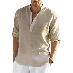 Men's Shirt 100% Slub Cotton Solid Color Henley Street Casual Daily Button-Down Short Sleeve Tops Fashion Comfortable Breathable White Summer Vacation Holiday Beach Outdoor Lightweight Quick Dry Lightinthebox
