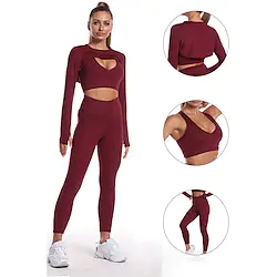 Women's Yoga Suit 3-Piece Thumbhole Solid Color Clothing Suit Black Burgundy Spandex Yoga Fitness Gym Workout Tummy Control Butt Lift Quick Dry Sport Activewear Stretchy Lightinthebox