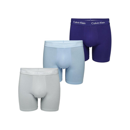 (M) Calvin Klein 3 Pack Cotton Stretch - Longer Leg Boxer Brief Shorts (Hydrangea Blue/ Blue Marin/ Purple)
