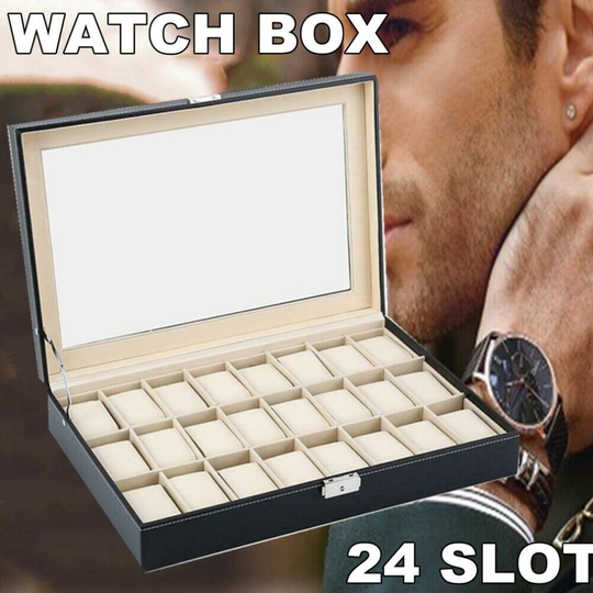 24 Slot Leather Watch Case Display Box Storage Jewellery Glass Top Men