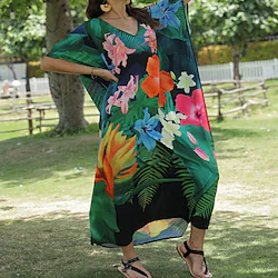 Women's Swimwear Cover Up Beach Dress Normal Swimsuit Printing Floral Leaves Green V Wire Bathing Suits New Vacation Fashion / Modern Lightinthebox