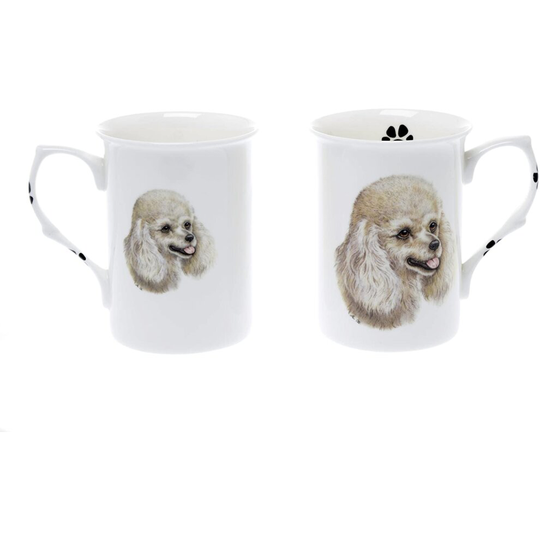 (BB42) Bone China Set of 2 White Poodle Dog Mugs - Gift Boxed