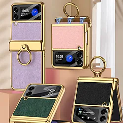 Phone Case For Samsung Galaxy Flip Z Flip 3 Portable Plating Ring Holder Solid Colored Metal PU Leather Lightinthebox