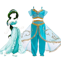 Princess Jasmine Dress Cosplay Costume Flower Girl Dress Girls' Movie Cosplay A-Line Slip Green LightBlue Top Pants Christmas Carnival Children's Day Lightinthebox