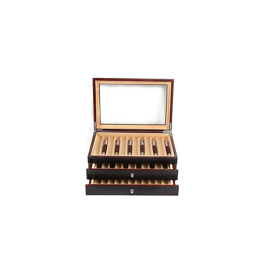 Wood Pen Display Case Storage and Fountain Pen Collector Organizer Box with Glass Window Three Level Display Case with Drawers