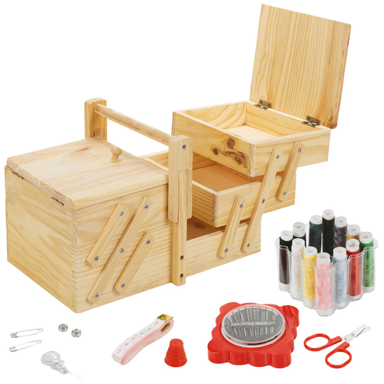 39pc Sewing Kit Wooden Sewing Box Set Shabby Chic Design Home Needle Thread Tape