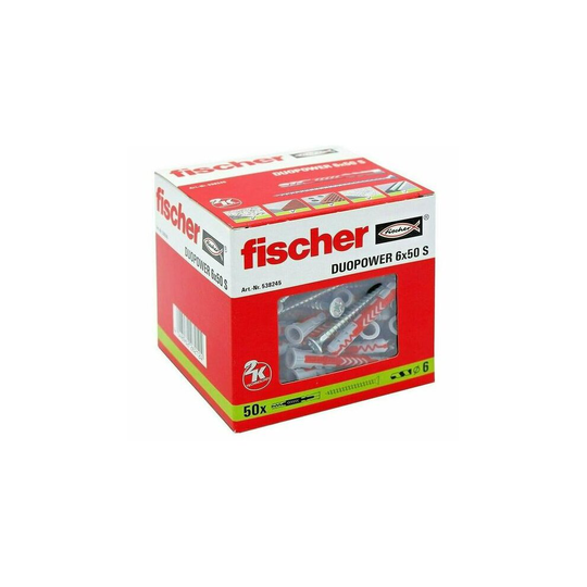 (6x50 Box Of 50 - 538245) FISCHER DUOPOWER S Wall Plugs + Screws
