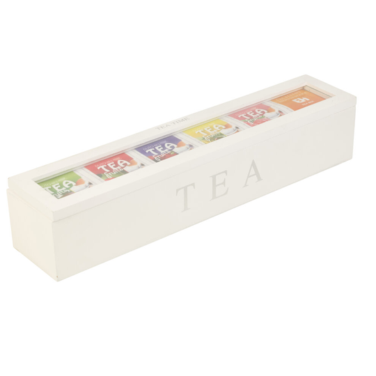 (White) Wooden Tea Box | With 6 Compartments Glass