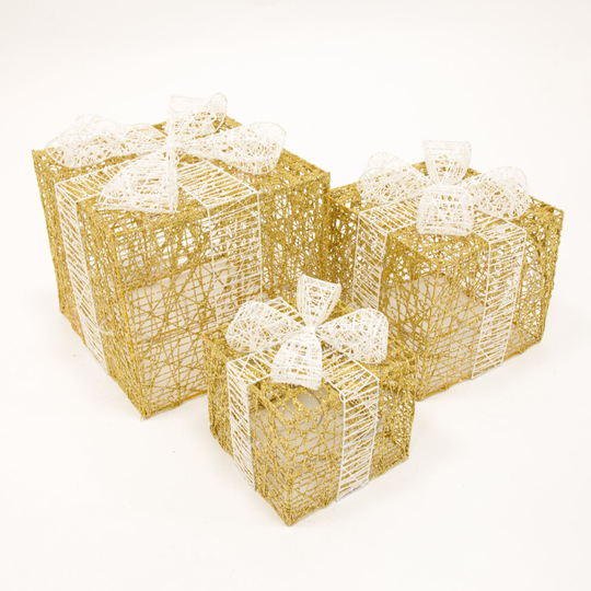 The Christmas Workshop 70989 Set of 3 Light-Up Gold/White Christmas Boxes