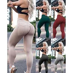 Women's Yoga Pants Scrunch Butt Ruched Butt Lifting Pocket Tummy Control Butt Lift 4 Way Stretch High Waist Fitness Gym Workout Running Tights Leggings Bottoms Fashion Apple Green Rust Red White Lightinthebox