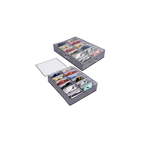 2 Pack Under Bed Shoe Storage Organiser Box with Clear Lid Foldable Under Bed Shoes Bag, Fits 24 Pairs Grey