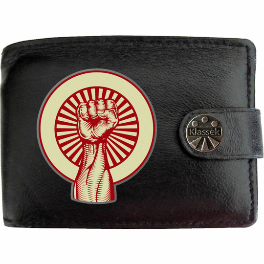 (Standard) Communist Revolutionary Fist USSR Mens Wallet Chain Leather Coin Pocket Klassek RFID Blocking Credit Card Slots and Metal Gift Box