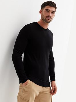 New Look Black Fine Knit Crew Neck Muscle Fit Jumper, Black, Size Xl, Men