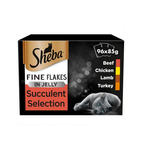 96 x 85g Sheba Fine Flakes Adult Wet Cat Food Pouches Mixed Selection in Jelly