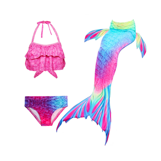 (Pink, 7-8 Years) Girl Kids Swim Top+Briefs+Mermaid Tail Bikini Sets