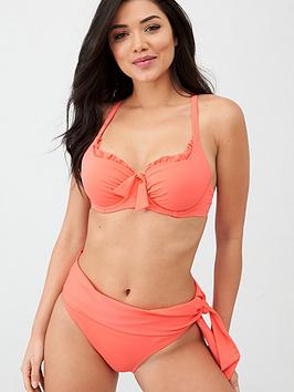 Pour Moi Getaway Fold Over Tie Bikini Brief - Coral, Coral, Size 18, Women