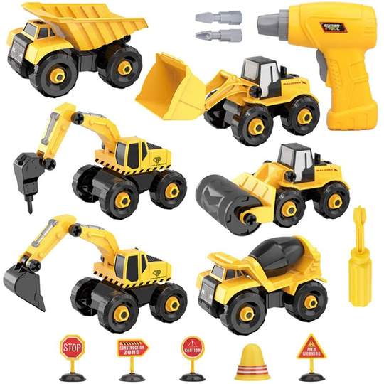 Vanplay 6 in 1 Take-Apart Construction Vehicles include Toy Drill & Box, Digger Excavators Truck Building STEM Learning Gift, Electric Drill