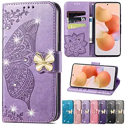 Phone Case For Samsung Galaxy Wallet Card S22 Ultra Plus FE S21 A72 A52 A42 Rhinestone Card Holder Slots Magnetic Flip Butterfly PU Leather Lightinthebox
