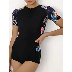Women's Swimwear Rash Guard Diving Normal Swimsuit UV Protection Tummy Control Zipper Printing Leaf Black Padded Scoop Neck Bathing Suits Sports Stylish Casual / Vacation / Modern / New / Padded Bras Lightinthebox