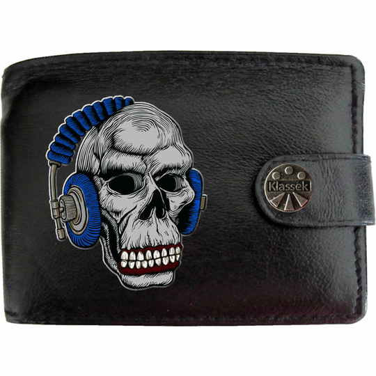 (Standard) Skull Headphones Rock Music Mens Wallet Chain Leather Coin Pocket Klassek RFID Blocking Credit Card Slots and Metal Gift Box