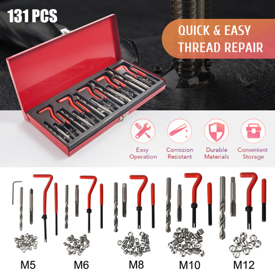 131 PCS Thread Repair Kit HSS Drill Helicoil Metric M5 M6 M8 M10 M12