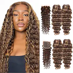 Highlight Deep Wave Bundles with Closure 10a Brazilian Highlight Curly Bundles Human Hair with Closure 4/27 Ombre Color Deep Wave Hair Bundles with Closure Lightinthebox